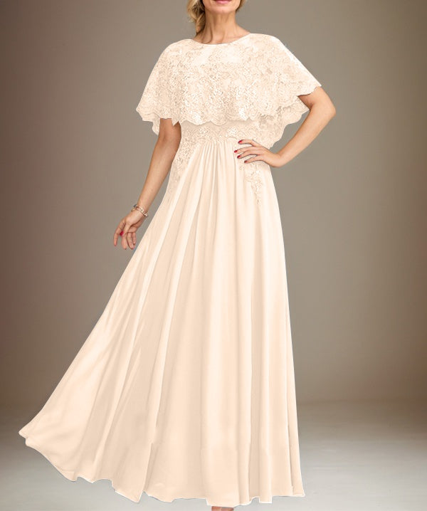 A-line Boat Neck Floor-Length Lace Chiffon Mother of the Bride Dress With Applique Sequins