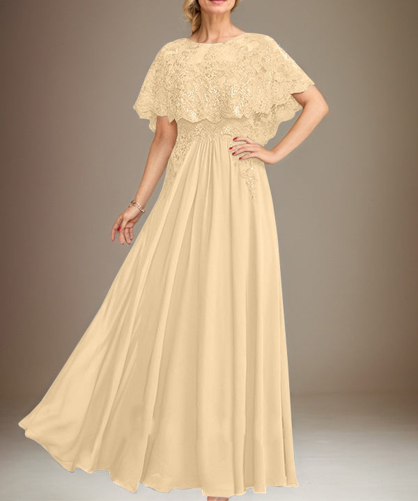A-line Boat Neck Floor-Length Lace Chiffon Mother of the Bride Dress With Applique Sequins