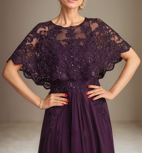 A-line Boat Neck Floor-Length Lace Chiffon Mother of the Bride Dress With Applique Sequins