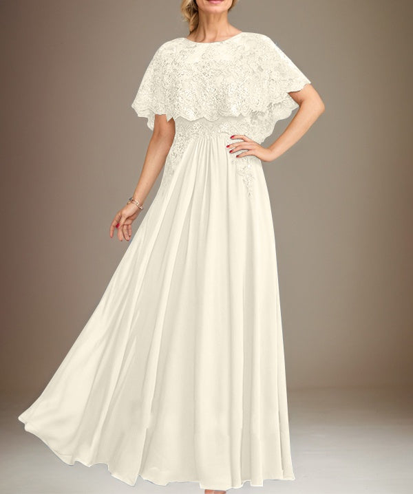 A-line Boat Neck Floor-Length Lace Chiffon Mother of the Bride Dress With Applique Sequins