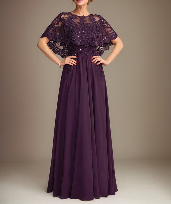 A-line Boat Neck Floor-Length Lace Chiffon Mother of the Bride Dress With Applique Sequins