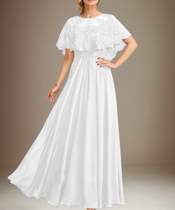 A-line Boat Neck Floor-Length Lace Chiffon Mother of the Bride Dress With Applique Sequins