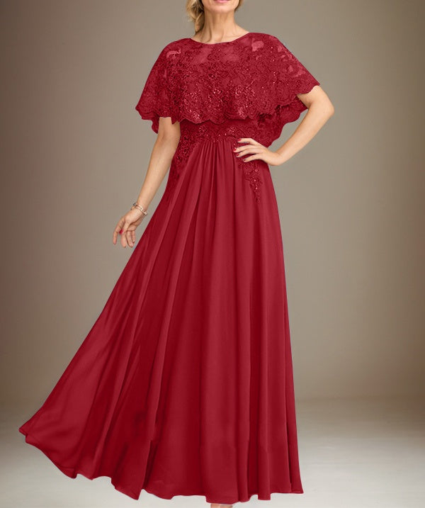 A-line Boat Neck Floor-Length Lace Chiffon Mother of the Bride Dress With Applique Sequins