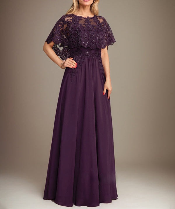 A-line Boat Neck Floor-Length Lace Chiffon Mother of the Bride Dress With Applique Sequins