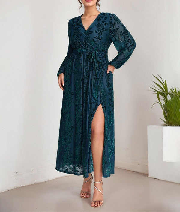 A-Line V-Neck Long Sleeves Velvet Tea-Length Mother of the Bride Dress With Split