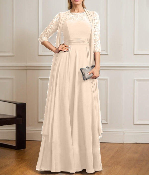 A-line Scoop Illusion Floor-Length Lace Chiffon Mother of the Bride Dress With Pleated
