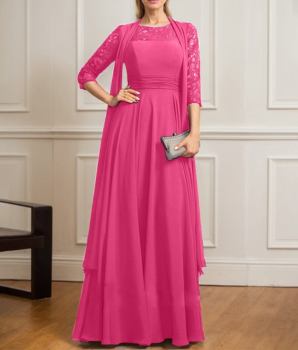 A-line Scoop Illusion Floor-Length Lace Chiffon Mother of the Bride Dress With Pleated