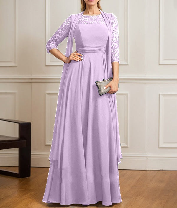 A-line Scoop Illusion Floor-Length Lace Chiffon Mother of the Bride Dress With Pleated