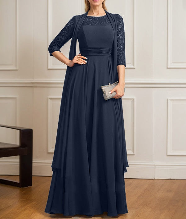 A-line Scoop Illusion Floor-Length Lace Chiffon Mother of the Bride Dress With Pleated