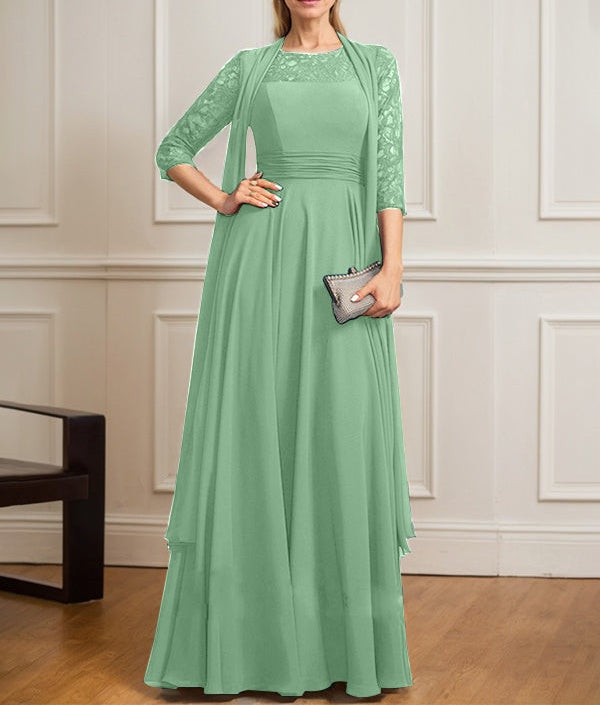 A-line Scoop Illusion Floor-Length Lace Chiffon Mother of the Bride Dress With Pleated