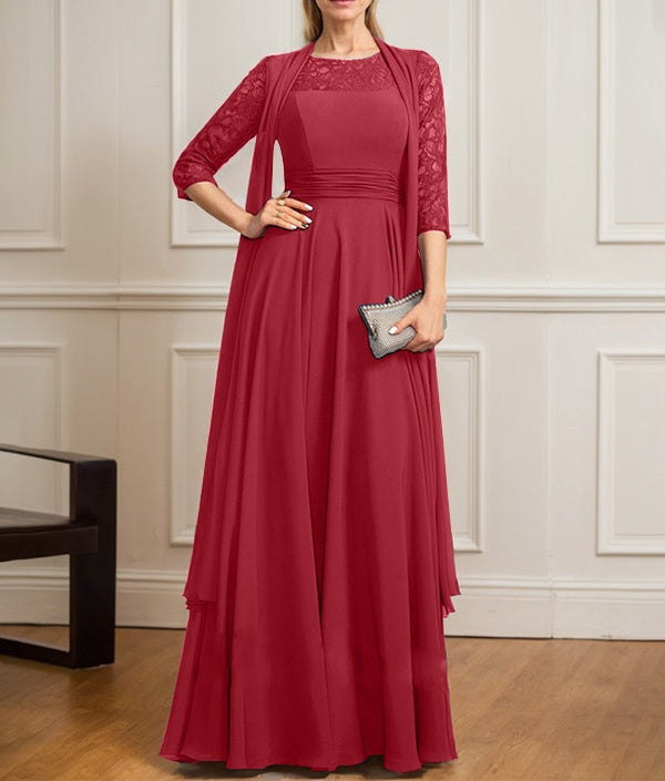 A-line Scoop Illusion Floor-Length Lace Chiffon Mother of the Bride Dress With Pleated