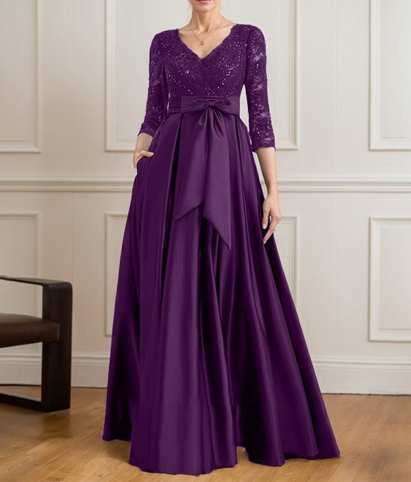 A-line V-Neck Floor-Length Satin Lace Mother of the Bride Dress With Sequins Bow