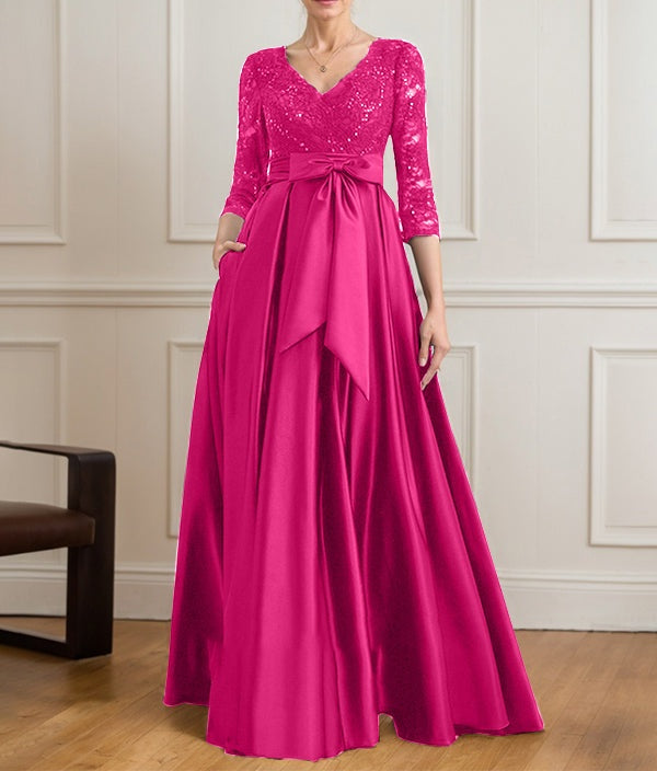 A-line V-Neck Floor-Length Satin Lace Mother of the Bride Dress With Sequins Bow