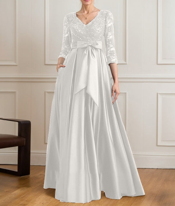 A-line V-Neck Floor-Length Satin Lace Mother of the Bride Dress With Sequins Bow