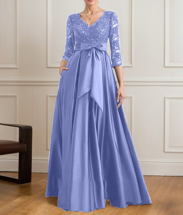 A-line V-Neck Floor-Length Satin Lace Mother of the Bride Dress With Sequins Bow