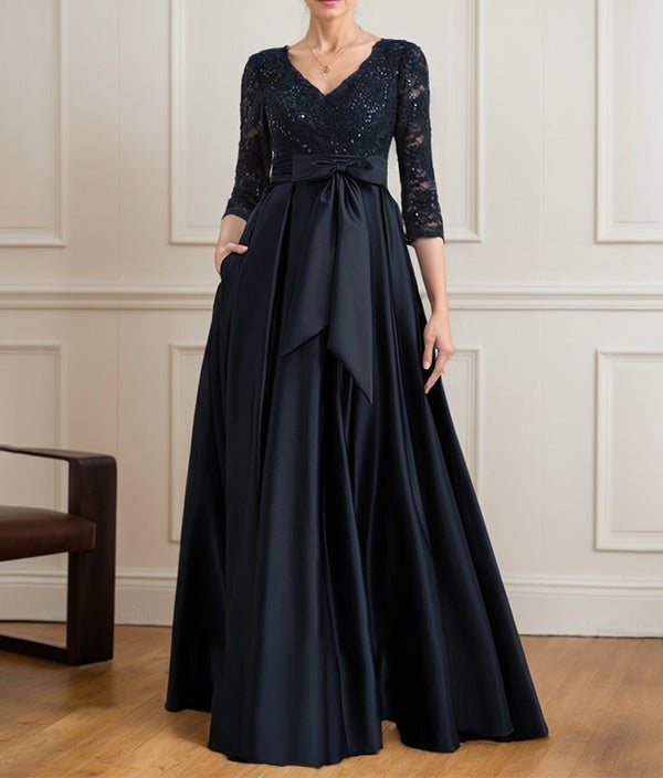 A-line V-Neck Floor-Length Satin Lace Mother of the Bride Dress With Sequins Bow