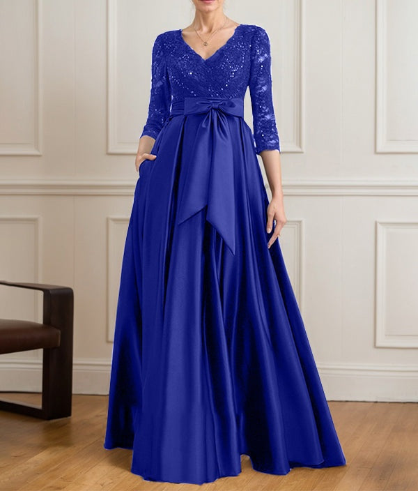 A-line V-Neck Floor-Length Satin Lace Mother of the Bride Dress With Sequins Bow