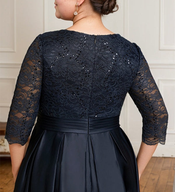 A-line V-Neck Floor-Length Satin Lace Mother of the Bride Dress With Sequins Bow