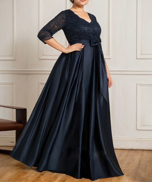 A-line V-Neck Floor-Length Satin Lace Mother of the Bride Dress With Sequins Bow