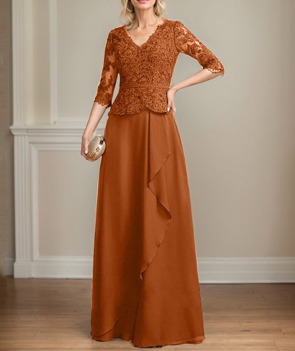 A-line V-Neck Floor-Length Lace Chiffon Mother of the Bride Dress With Cascading Ruffles Sequins