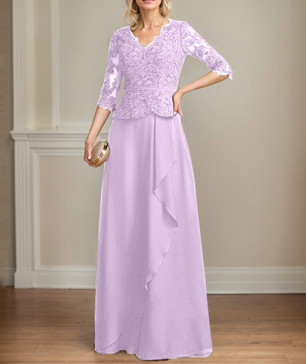A-line V-Neck Floor-Length Lace Chiffon Mother of the Bride Dress With Cascading Ruffles Sequins