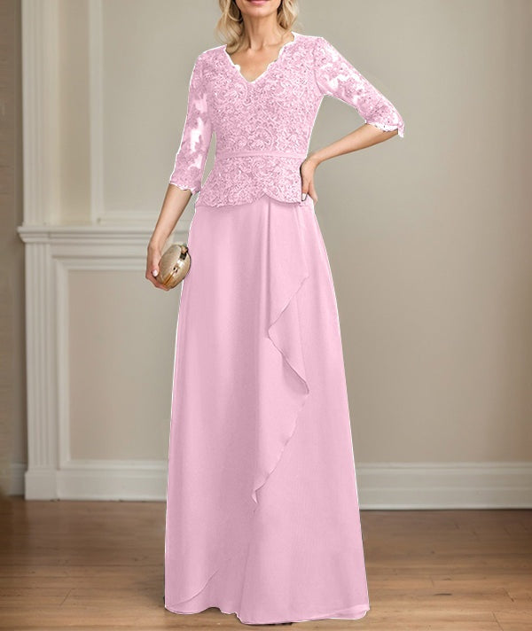 A-line V-Neck Floor-Length Lace Chiffon Mother of the Bride Dress With Cascading Ruffles Sequins
