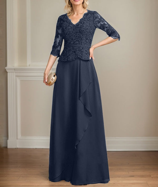 A-line V-Neck Floor-Length Lace Chiffon Mother of the Bride Dress With Cascading Ruffles Sequins