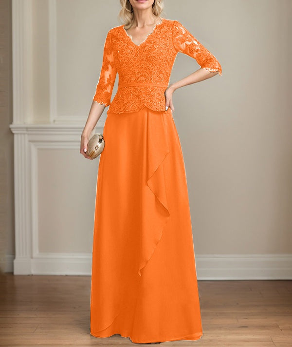 A-line V-Neck Floor-Length Lace Chiffon Mother of the Bride Dress With Cascading Ruffles Sequins