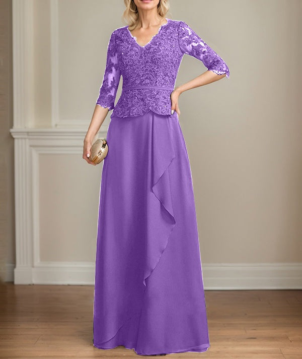 A-line V-Neck Floor-Length Lace Chiffon Mother of the Bride Dress With Cascading Ruffles Sequins