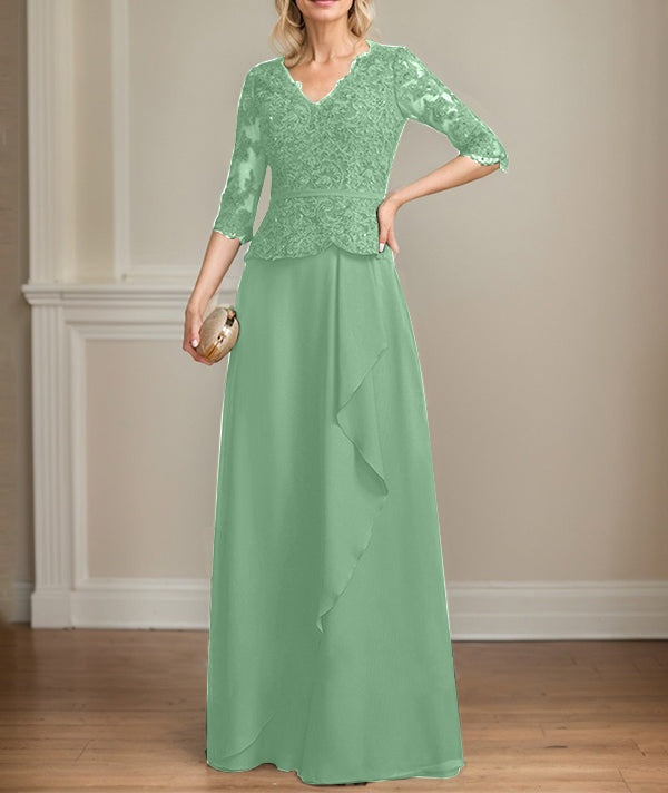 A-line V-Neck Floor-Length Lace Chiffon Mother of the Bride Dress With Cascading Ruffles Sequins