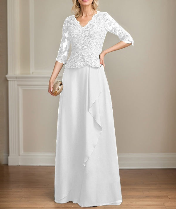 A-line V-Neck Floor-Length Lace Chiffon Mother of the Bride Dress With Cascading Ruffles Sequins
