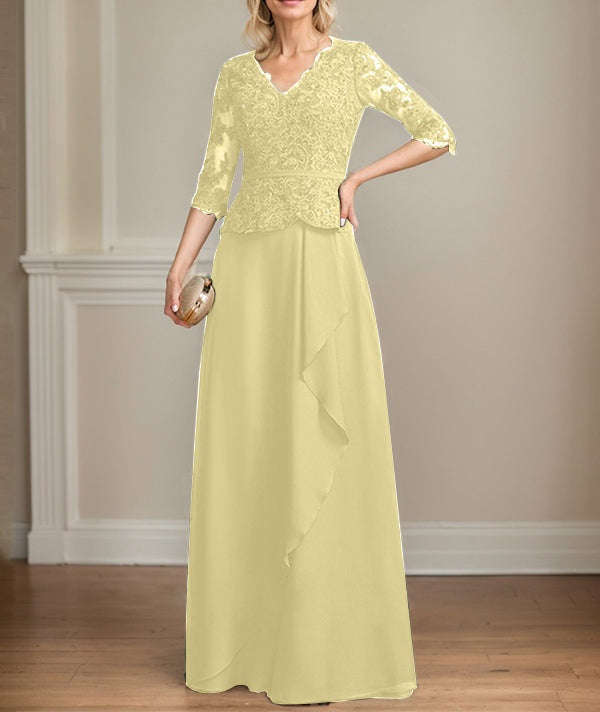 A-line V-Neck Floor-Length Lace Chiffon Mother of the Bride Dress With Cascading Ruffles Sequins