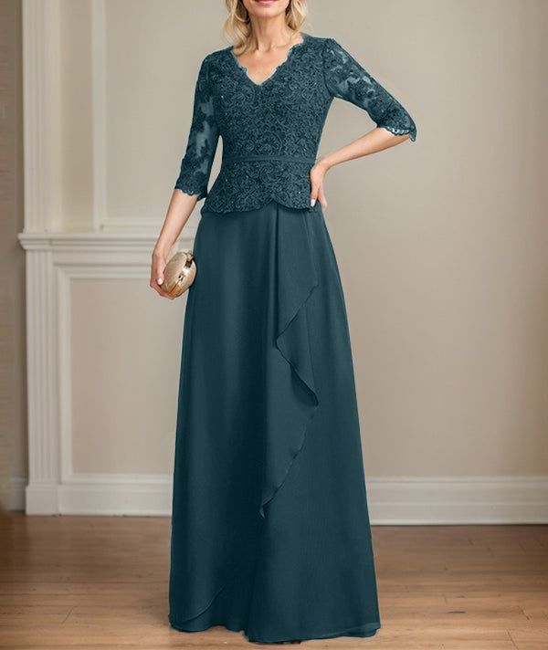A-line V-Neck Floor-Length Lace Chiffon Mother of the Bride Dress With Cascading Ruffles Sequins
