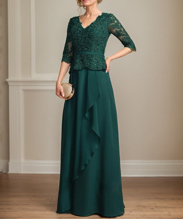A-line V-Neck Floor-Length Lace Chiffon Mother of the Bride Dress With Cascading Ruffles Sequins