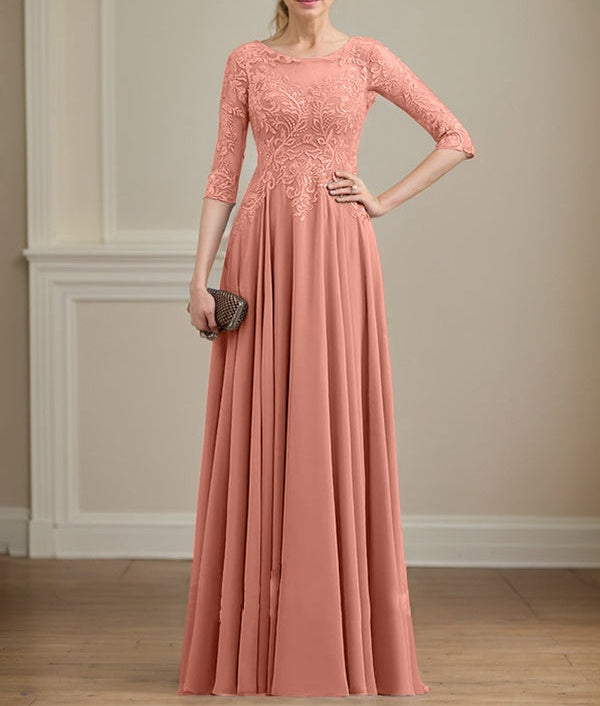 A-line Scoop Illusion Floor-Length Lace Chiffon Mother of the Bride Dress With Sequins