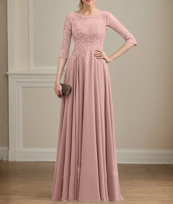 A-line Scoop Illusion Floor-Length Lace Chiffon Mother of the Bride Dress With Sequins
