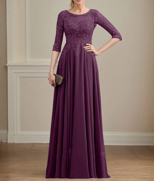 A-line Scoop Illusion Floor-Length Lace Chiffon Mother of the Bride Dress With Sequins