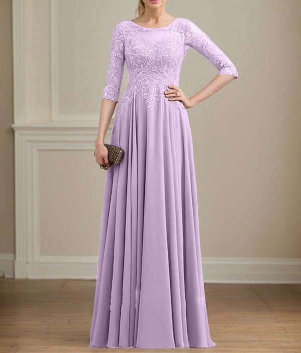 A-line Scoop Illusion Floor-Length Lace Chiffon Mother of the Bride Dress With Sequins
