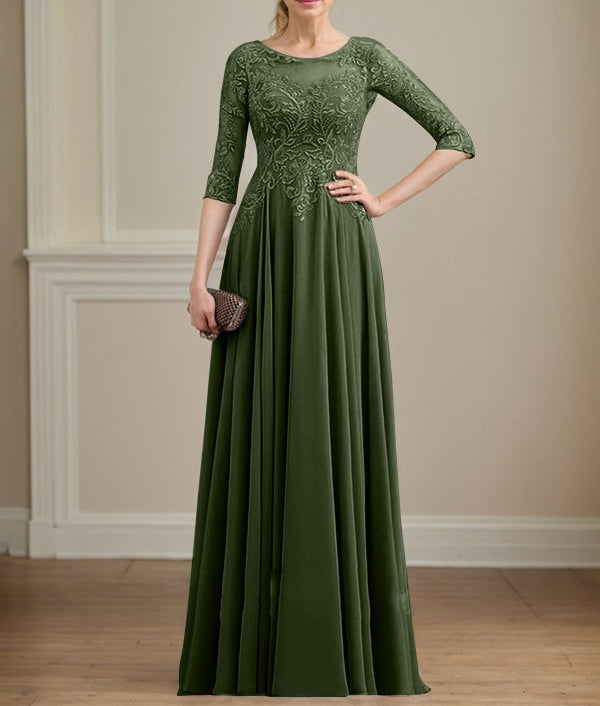 A-line Scoop Illusion Floor-Length Lace Chiffon Mother of the Bride Dress With Sequins