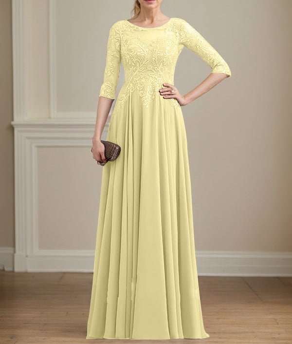 A-line Scoop Illusion Floor-Length Lace Chiffon Mother of the Bride Dress With Sequins