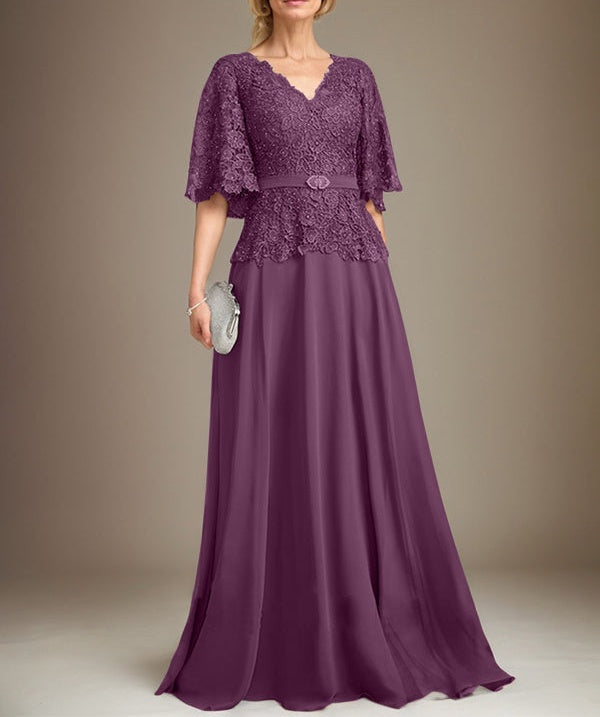A-line V-Neck Floor-Length Chiffon Lace Mother of the Bride Dress With Crystal Brooch Rhinestone
