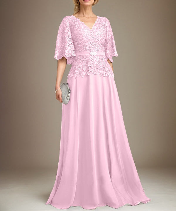 A-line V-Neck Floor-Length Chiffon Lace Mother of the Bride Dress With Crystal Brooch Rhinestone