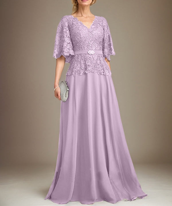 A-line V-Neck Floor-Length Chiffon Lace Mother of the Bride Dress With Crystal Brooch Rhinestone