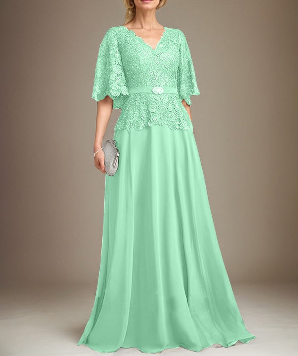 A-line V-Neck Floor-Length Chiffon Lace Mother of the Bride Dress With Crystal Brooch Rhinestone