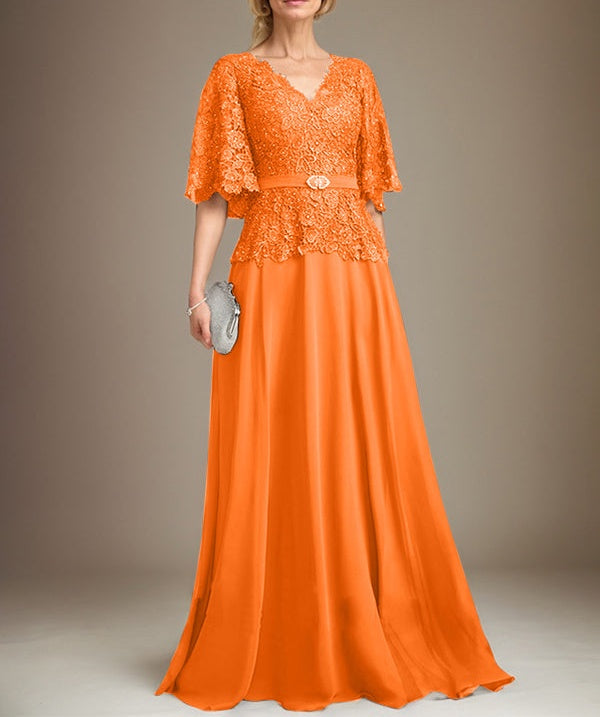 A-line V-Neck Floor-Length Chiffon Lace Mother of the Bride Dress With Crystal Brooch Rhinestone