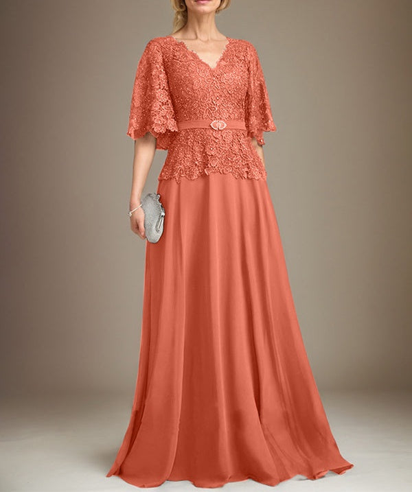 A-line V-Neck Floor-Length Chiffon Lace Mother of the Bride Dress With Crystal Brooch Rhinestone