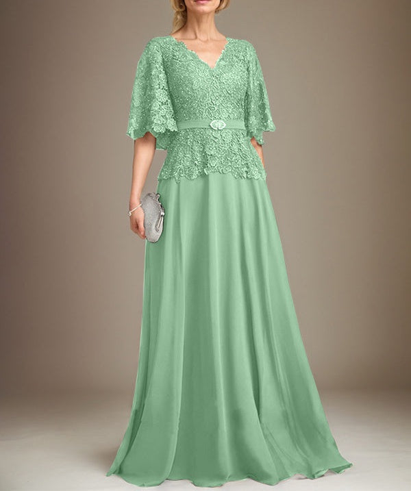 A-line V-Neck Floor-Length Chiffon Lace Mother of the Bride Dress With Crystal Brooch Rhinestone