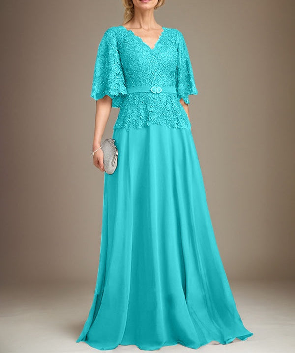 A-line V-Neck Floor-Length Chiffon Lace Mother of the Bride Dress With Crystal Brooch Rhinestone