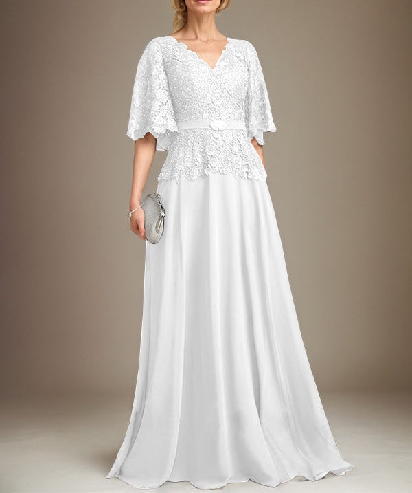 A-line V-Neck Floor-Length Chiffon Lace Mother of the Bride Dress With Crystal Brooch Rhinestone