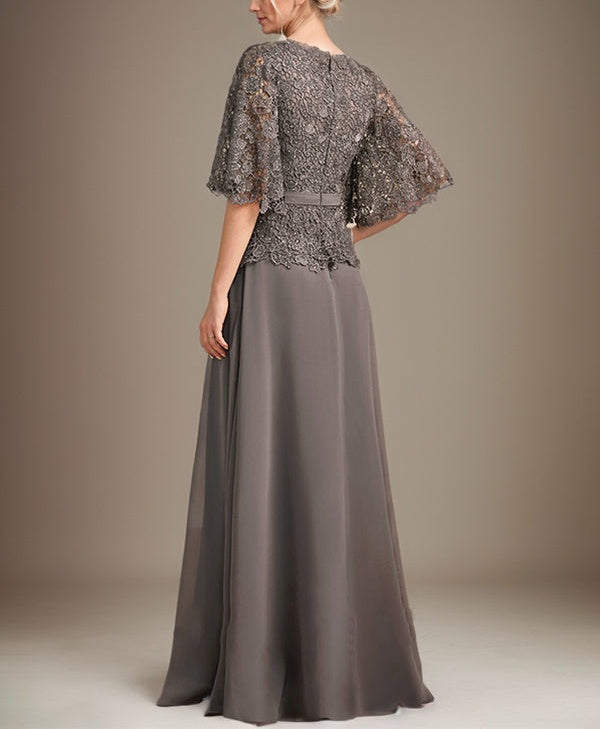 A-line V-Neck Floor-Length Chiffon Lace Mother of the Bride Dress With Crystal Brooch Rhinestone